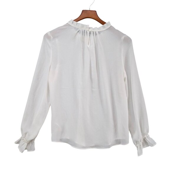 Adrianna Papell Clip Dot Blouse Womens White Long Sleeve Pleated Neck Top Sz M - Picture 2 of 8